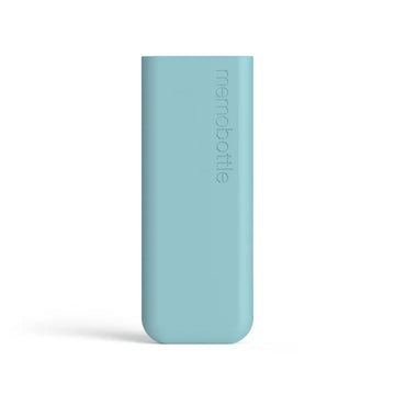 A silicone sleeve in a light blue with the text 'memobottle' engraved in.
