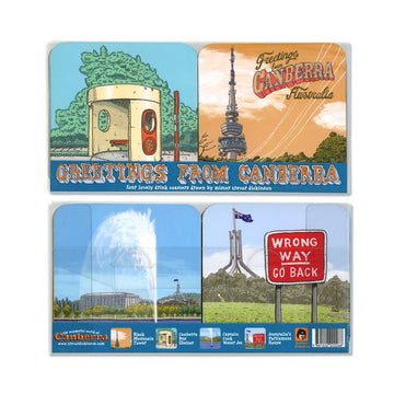 A set of four coasters each illustrated with a different Canberra landmark by Trevor Dickinson including Telstra Tower, Parliament House and a bus shelter.