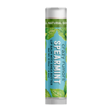 A tube of lip balm with the text 'Spearmint' and illustrations of spearmint leaves on a blue label.