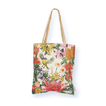 Front view of a tote bag with floral and bird design on a white background.
