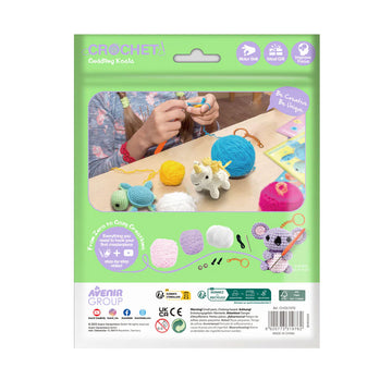 Crochet kit packaging for a Cuddling Koala with green background and Avenir branding.