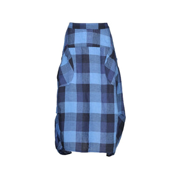 A linen skirt with a blue checkered pattern.