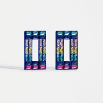 Pair of earrings with colorful gemstones on a white background.