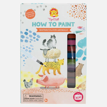 A rectangle box titled 'How to Paint Watercolour Animals' with an illustration of seven animals painted with watercolour and a window showing the watercolour paints inside.