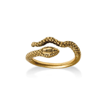 An open antique gold ring with a snake on either side.