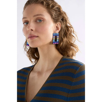 Pair of earrings with colorful gemstones on a white background.