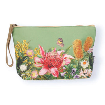 Floral design pouch with a pink flower and butterfly on a green background.