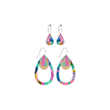 Two pairs of earrings pictured, one with hoops and small teardrops and the other hooks with a large outline of teardrops. They are printed with colourful floral artwork by Laura Blythman.