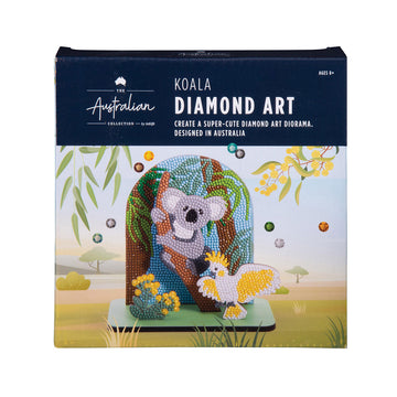 A box titled 'Koala Diamond Art' with a photo of a koala in a tree surrounded by plants and a cockatoo all covered with sparkles.