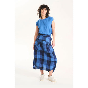 A linen skirt with a blue checkered pattern.