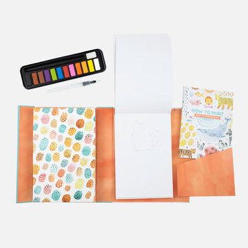 A rectangle box titled 'How to Paint Watercolour Animals' with an illustration of seven animals painted with watercolour and a window showing the watercolour paints inside.