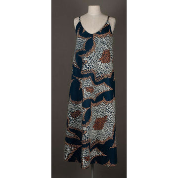 Front view of a patterned dress on a mannequin against a plain background