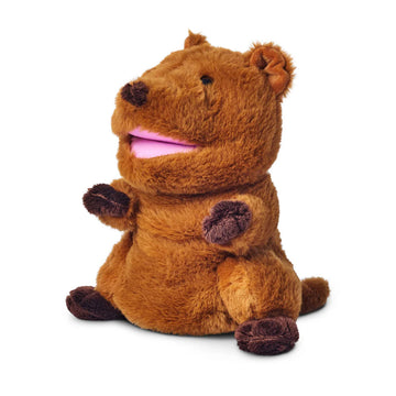 Brown plush quokka puppet with a white background.