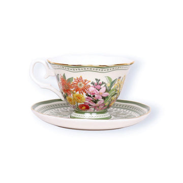 Teacup and saucer with floral design on a white background.