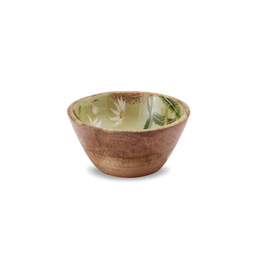 A small wooden bowl with a floral print on the inside with a green background.