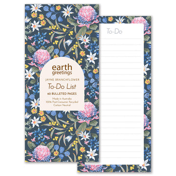 A rectangle shaped notepad illustrated with flowers on a dark blue background. The notepad pages have a matching border with the heading 'To Do' list and lined pages.