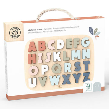 A rectangle box with a photo of a wooden board filled with alphabet blocks.