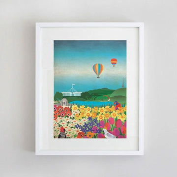 An illustration of hot air balloons flying over Canberra with icons like Parliament House visible and a filed of flowers.