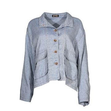 Light blue denim jacket with brown buttons on a white background.