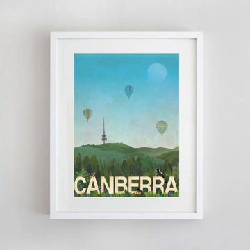 An illustration of three hot air balloons flying over Canberra with Telstra Tower and mountains visible.