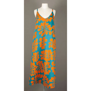 Front view of a blue dress with orange floral pattern on a mannequin against a gray background