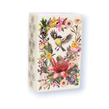 Decorative rectangle vase with floral and bird design on a white background.