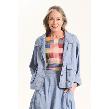 Light blue denim jacket with brown buttons on a white background.