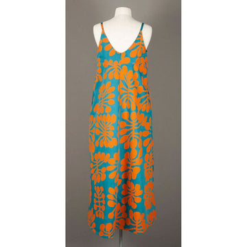 Front view of a blue dress with orange floral pattern on a mannequin against a gray background