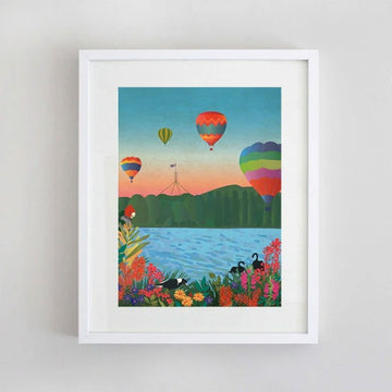 An illustration of hot air balloons flying over Canberra's Lake Burley Griffin with Parliament House visible in the background.