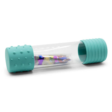 A clear bottle with mint green silicone sides and a packet of confetti glitter inside.