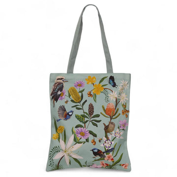 Front view of a tote bag illustrated with birds and flowers.
