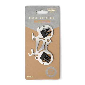 A bicycle shaped multi tool in stainless steel attached to a brown and grey card.