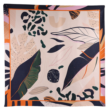 Decorative scarf with abstract leaf pattern on a beige background.