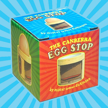 A coloured box with the heading 'The Canberra Egg Stop' with a photo of an egg cup illustrated with a bus shelter.
