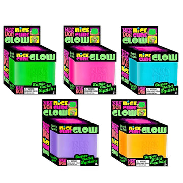 Pink toy packaging with 'Nice Doh Cube Glow' branding on a white background.