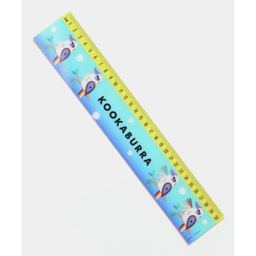 A ruler with moving images of kookaburras against a blue background.