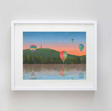 An illustration of four hot air balloons flying over Lake Burley Griffin in Canberra with a mountain and Telstra Tower in the background.