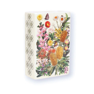 Decorative rectangle vase with floral and bird design on a white background.