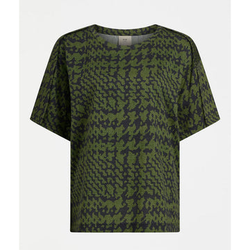 Green patterned shirt on a white background.