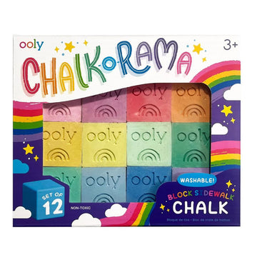 A set of twelve coloured chalks in cubes in a box with the heading 'Chalk-o-Rama'.