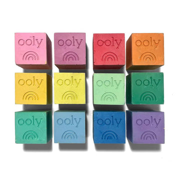A set of twelve coloured chalks in cubes in a box with the heading 'Chalk-o-Rama'.