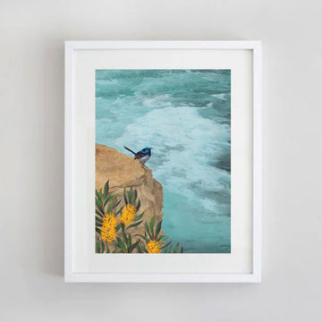 An illustration of a bird standing on the edge of a cliff looking over the ocean.