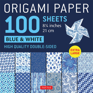 'Origami Paper 100 Sheets Blue and White' cover featuring the title on the top half and the twelve blue and white patterns inside on the bottom half.