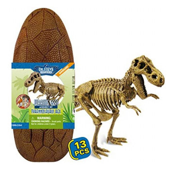 A brown dinosaur egg with an information sleeve around it and a completed Tyrannosaurus Rex skeleton next to it.