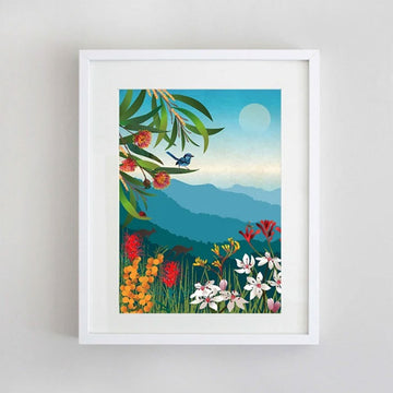 An illustration of a blue bird sitting on a leaf of a plant overlooking flower fields.