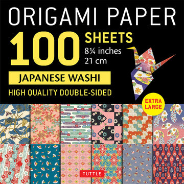 'Origami Paper 100 Sheets Japanese Washi' cover featuring the title on the top half and the twelve patterns inside on the bottom half.