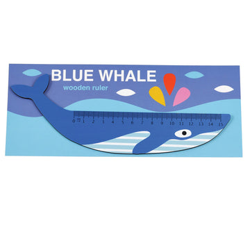 A blue whale shaped ruler swimming in an ocean image.
