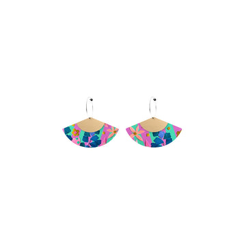 A pair of hoop earrings with a fan shape attached and printed with colourful floral artwork.
