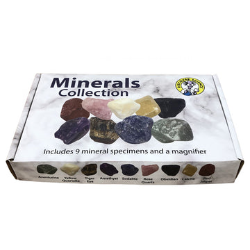 A rectangle box with a marble background and an image of the nine mineral rocks inside and the title 'Minerals Collection'.