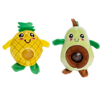 Two soft toys pictured, one in the shape of a pineapple with arms and legs and one in the shape of an avocado with arms and legs.